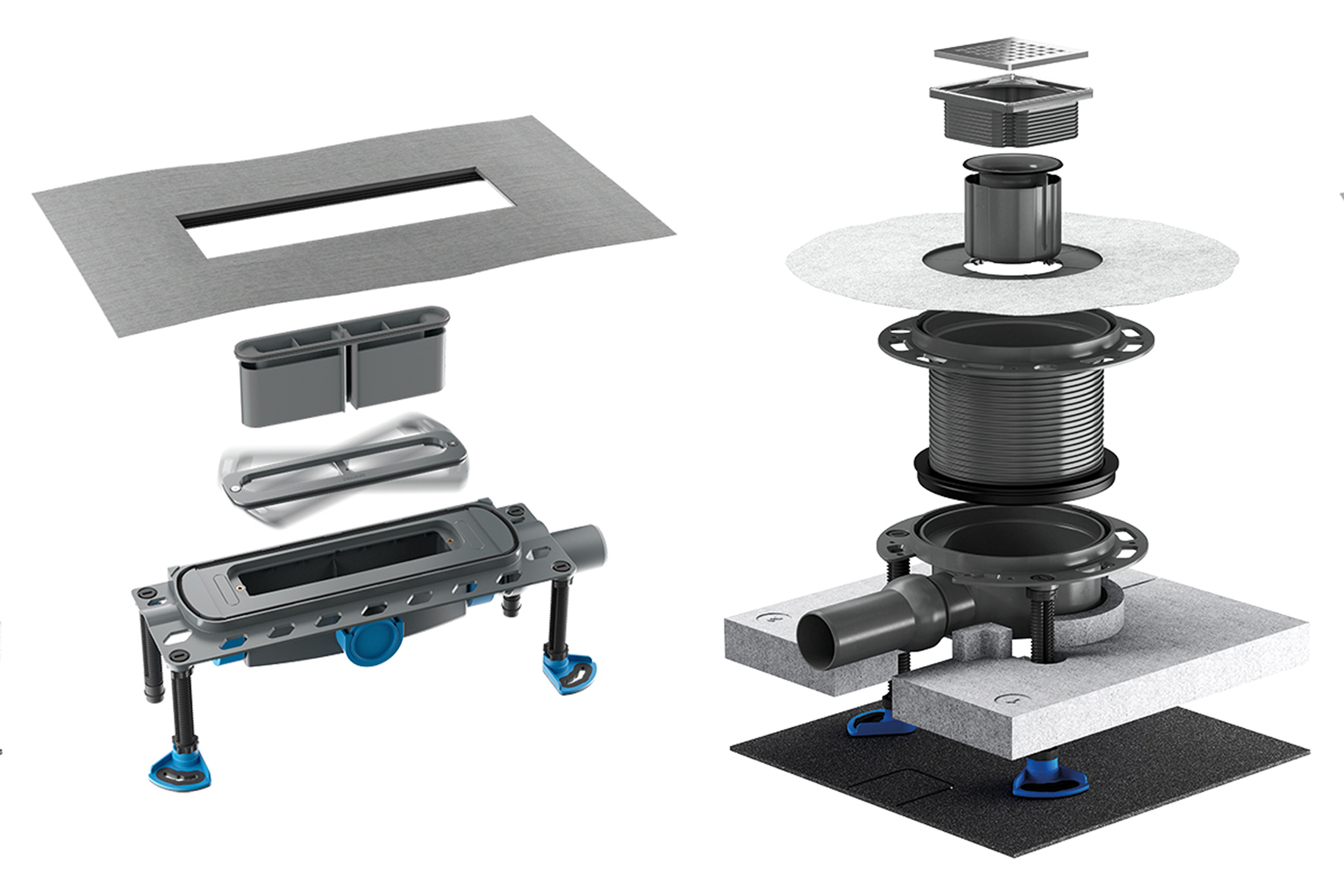 Die Entwässerungssysteme DallFlex (links) und DallDrain (rechts) sind modular angelegt und funktionieren beide nach dem selben Prinzip.  Foto: Dallmer GmbH + Co. KG